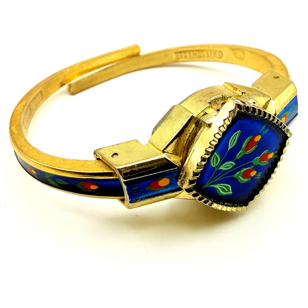 Vintage Lucerne Peek-A-Boo Blue Enamel Floral Bracelet Watch Swiss Made READ